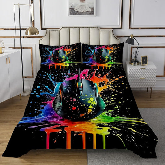 Homewish Video Games Bedspread King Size,Gamepad Mouse Bedding Set 3Pcs for Kids Girls Boys Adult Room Decor,Colorful Tie-dye Quilt Comforter Fashion Modern Coverlet,2 Pillowcases