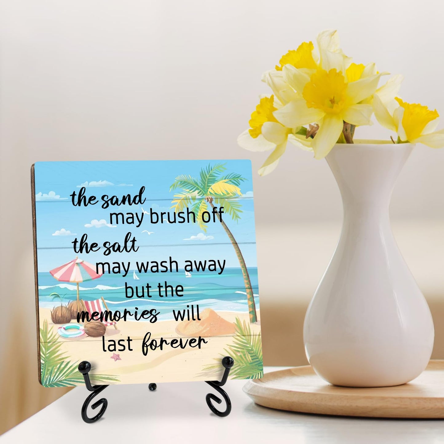 Beach Wooden Sign Desk & Shelf Decor Plaque – "The Sand The Salt" Room Accent with Stand – Coastal Summer Decorations for Home Office, Beachy Room, Bathroom – Beach Gifts for Women, Vacation Gift
