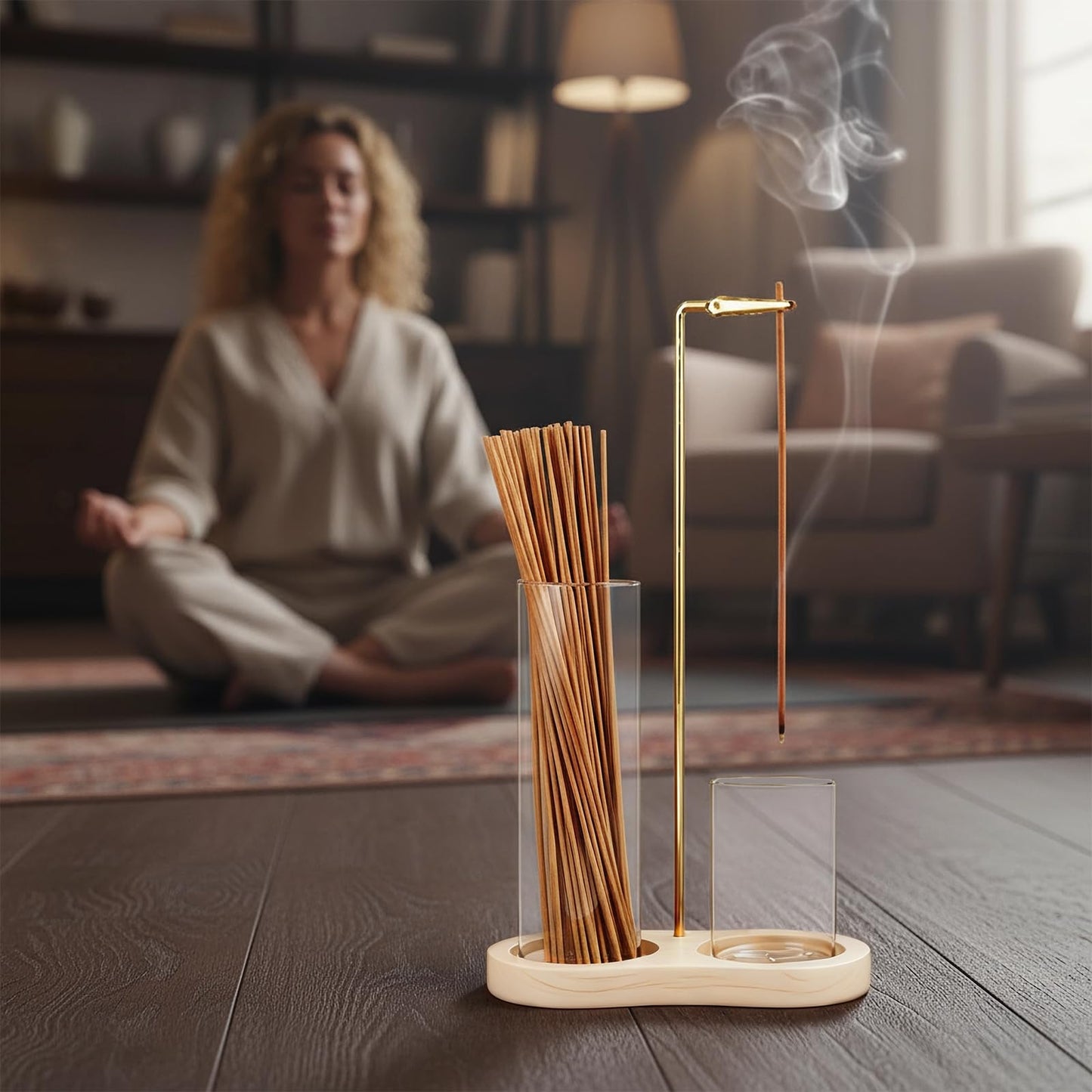 2-in-1 Incense Stick Holder with Glass Ash Catcher, Dual Glass Cups & Metal Clip, Minimalist 8-Shaped Wooden Base, Home Decor Gift (Dark Base)