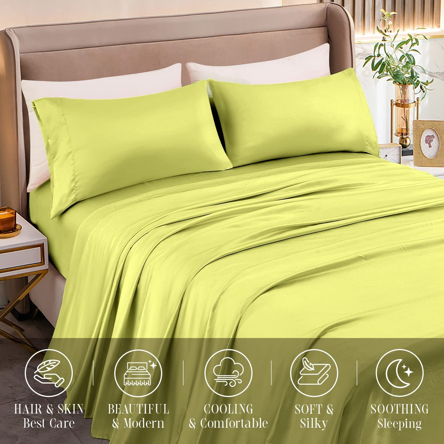 Elegant Comfort Luxurious 4-Piece Silky Satin Sheet Set, Skin and Hair Friendly, Wrinkle, Fade, Stain Resistant with Deep Pockets Fitted Sheet, Cooling Soft Satin Sheets, Twin XL, Pistachio Green