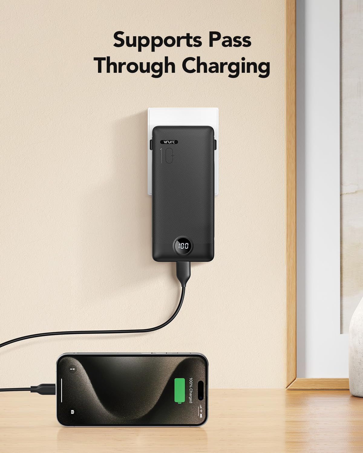 VRURC Portable Charger Built-in Cables and AC Wall Plug, USB C Power Bank 10000mAh, Travel Essentials Phone Charger Compact Lightweight External Battery Pack for Smart Phones, Tablets etc-Pink