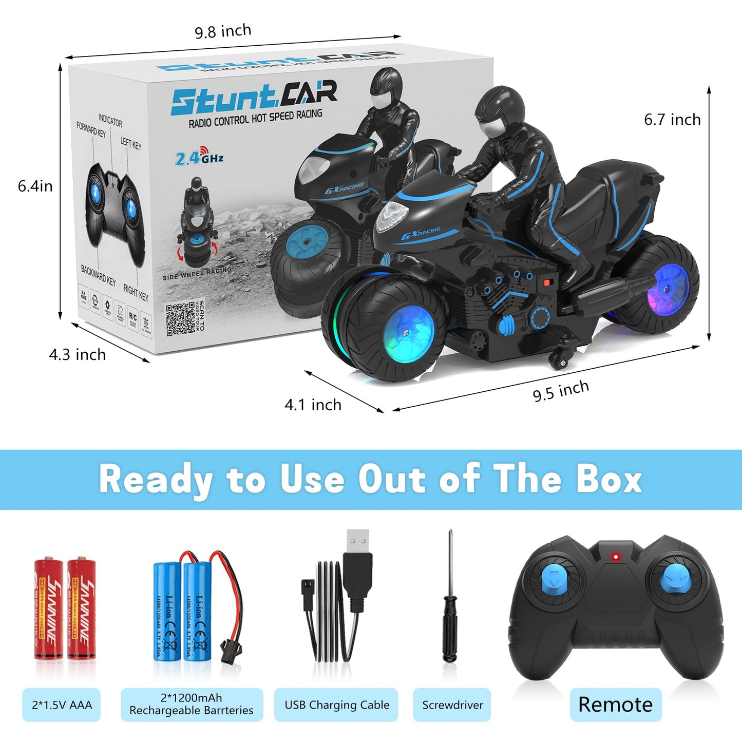 iappadore RC Motorcycle, Remote Control Motorcycle with RGB Wheels Lights - 360-degree Rotations, Drifts, High-Speed, RC Car Dirt Bike Toy for Boys 4-7 8-12 Years Kids