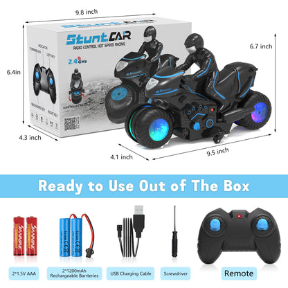 iappadore RC Motorcycle, Remote Control Motorcycle with RGB Wheels Lights - 360-degree Rotations, Drifts, High-Speed, RC Car Dirt Bike Toy for Boys 4-7 8-12 Years Kids