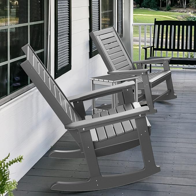 GREENVINES Outdoor Rocking Chair Set | 3-Piece | 2 Rocking Chairs with 1 Side Table | Porch Rocker | HDPE Plastic | Grey | Patio Furniture Sets | High Back | Big & Tall | Ladder Back