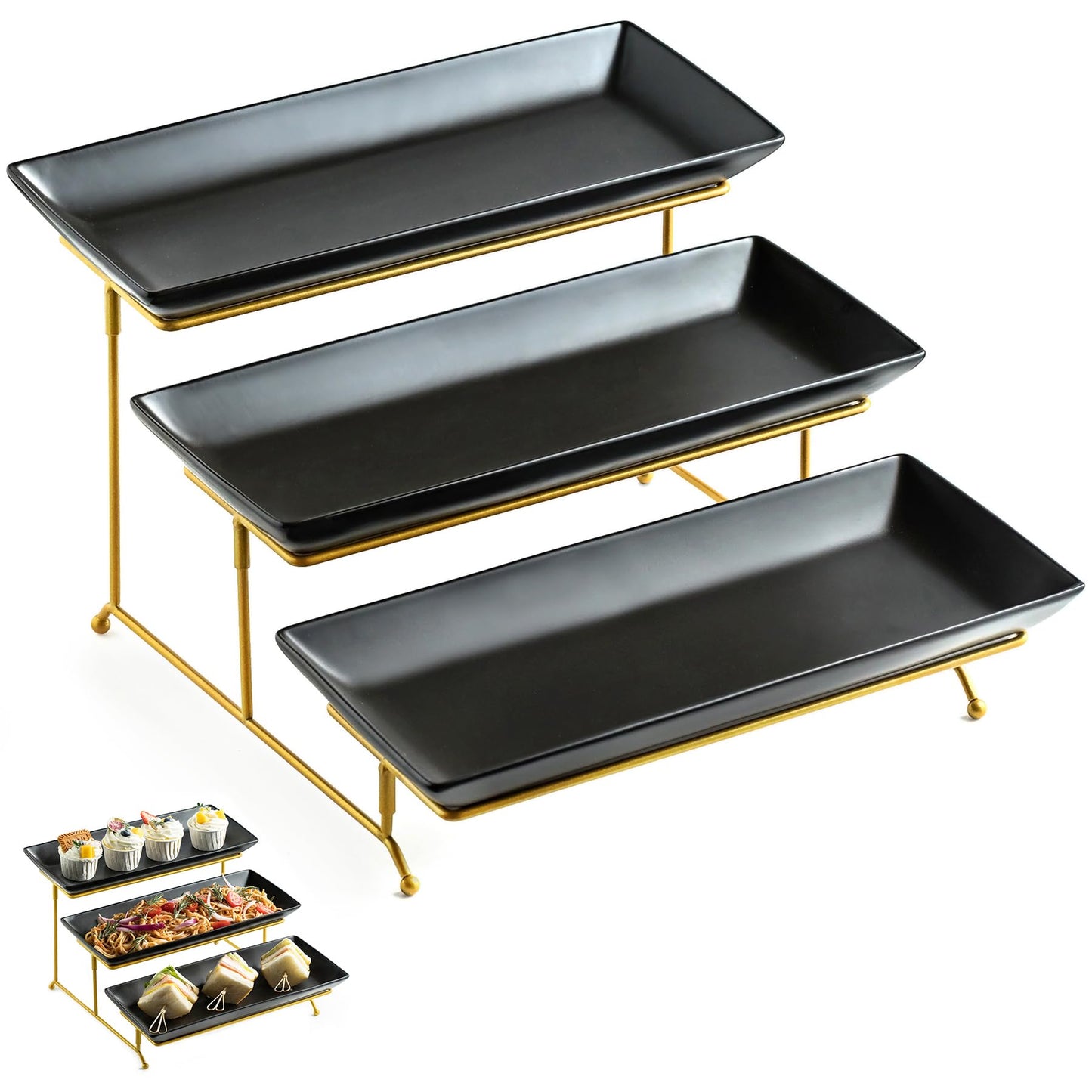 LYEOBOH 3 Tier Serving Tray Set, Tiered Serving Stand with Platters, Serving Dishes for Entertaining Halloween Christmas Party, Collapsible Sturdier Stand & 14 Inch Large Platters for Food Display