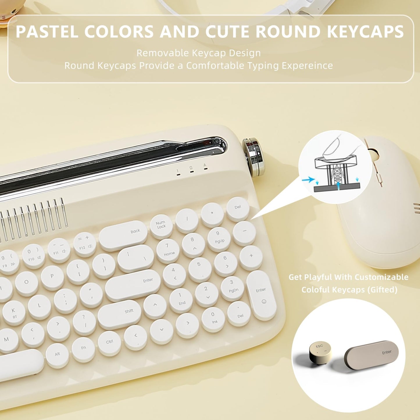 YUNZII Upgraded Wireless Typewriter Keyboard,with Retro Integrated Stand,USB-C/Bluetooth,Cute Round Keycaps, USB-C/Bluetooth Connection for Table, Phone, PC and Win/Mac/Android (B309, Baby Pink)