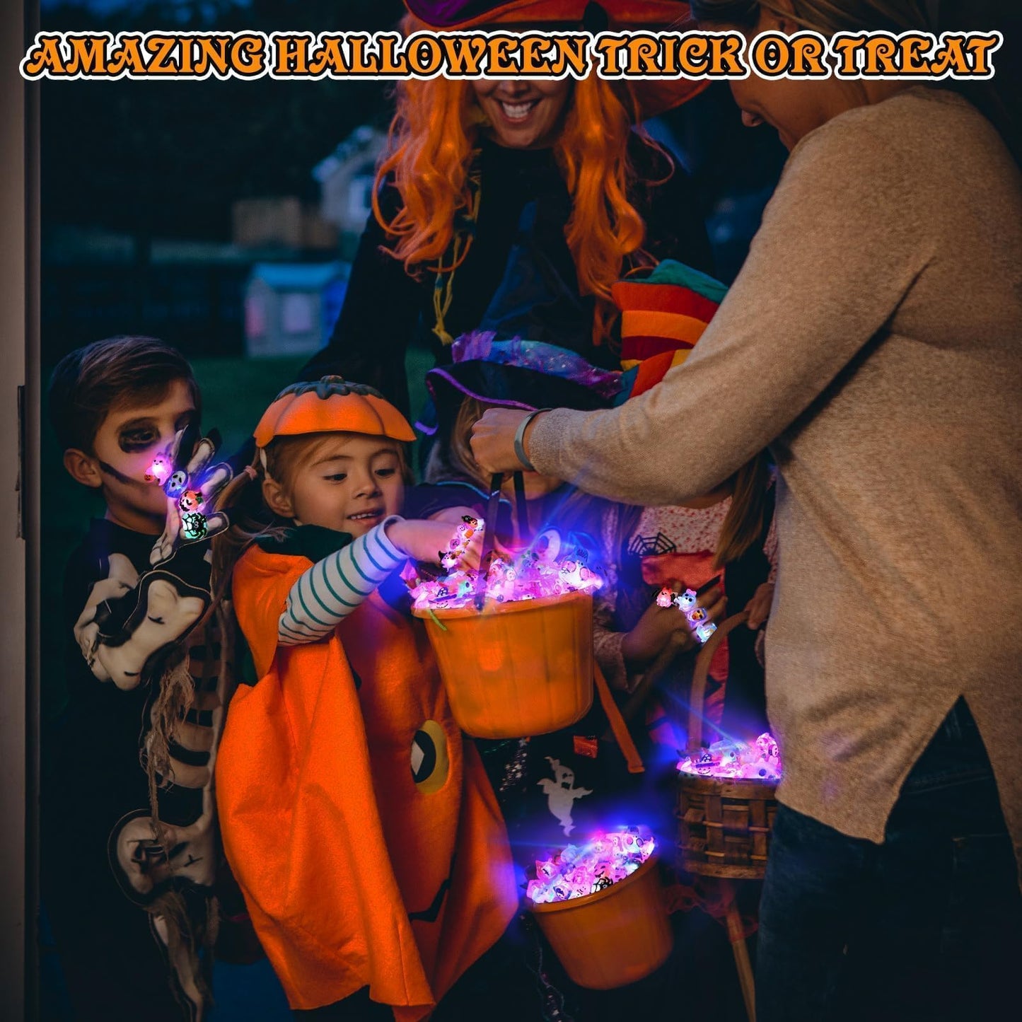 FLY2SKY Halloween Treats 50Pcs 3D Ring LED Light Up Rings Halloween Toys Halloween Party Favors for Kid Glow In The Dark Accessory Non Candy Gift Bag Fillers NEW VERSION