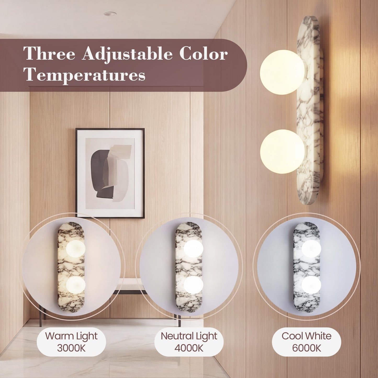SAMAH Natural Marble Wall Sconce, Alabaster Hardwired Wall Light, Elegant Nordic-Style Wall Mount Fixture for Bedroom, Bathroom Vanity, Living Room, Hallway, Staircase, Perfect Housewarming Gifts