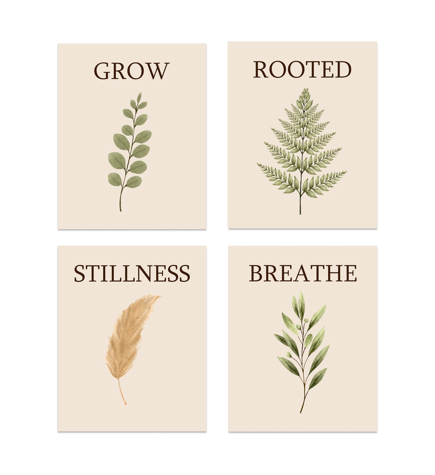 AMERICAN LUXURY GIFTS Breathe Grow Stillness Rooted Botanical Prints - Minimalist Typography Zen Wall Decor for Bedroom Bathroom Office - Set of 4, 8x10 Unframed Prints