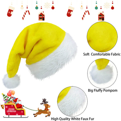 QZMCEAGS Yellow Christmas Hat, Santa Hat, Xmas Holiday Hats for Unisex Adults, Comfortable Plush Classic Santa Claus Hats, Christmas New Year Festive Holiday Party Supplies