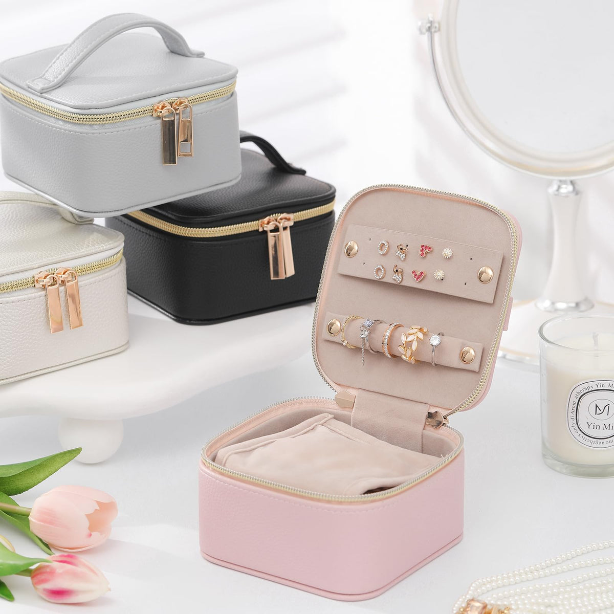 Gifturbo Travel Small Jewelry Case, Jewelry box,PU Leather 4 Zipper Bags for Women Girl,Valentine's Day Gift, Marriage, Brithday Gift,Earrings Necklace Rings Storage Gift Box Black