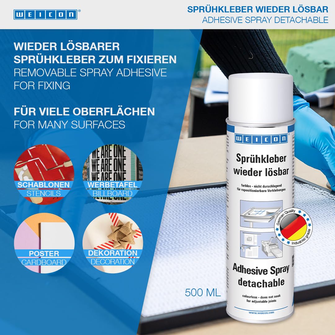 WEICON Adhesive Spray Detachable 500 ml, Non-Permanent for plotters, Cutting mats, Screen Printing & Stencils, Transparent