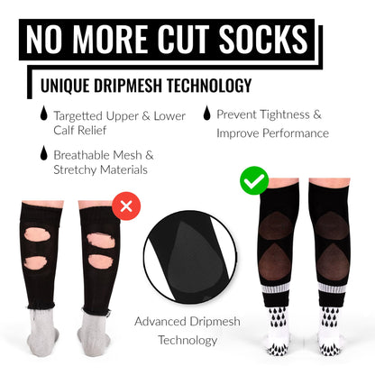 DRIPsox® Football Sock Sleeves - 3 Sizes for Kids, Men, Junior, Women (S:13C-3.5, M:4-7.5, L:8+) - Multiple Colours - 1 Pair (S) Black Football Sleeve Socks with Breathable Calf Comfort Mesh