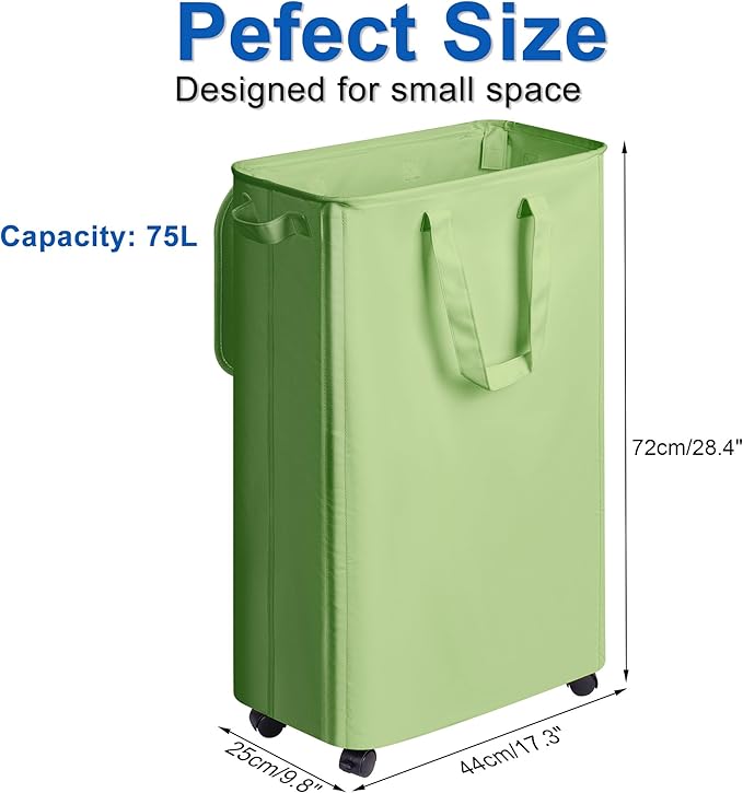 Slim Laundry Hamper with Lid and Wheels, Small Rolling Laundry Basket with