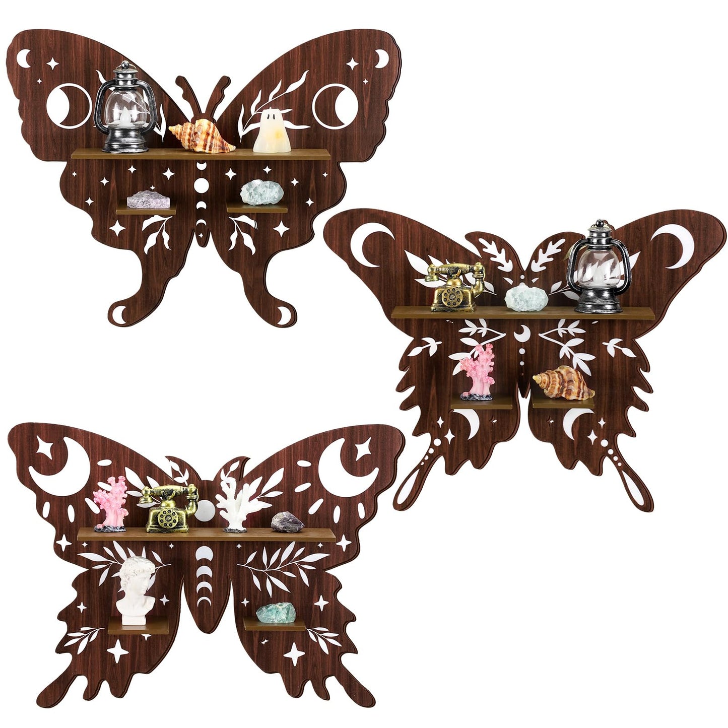 Kigley 3 Pcs Luna Moth Crystal Shelf Display Boho Wood Wall Floating Shelves Butterfly Heart Crystal Shelf Moon Decor for Gem Stone Essential Oil Storage Witchy Home Rustic Decor (Butterfly)