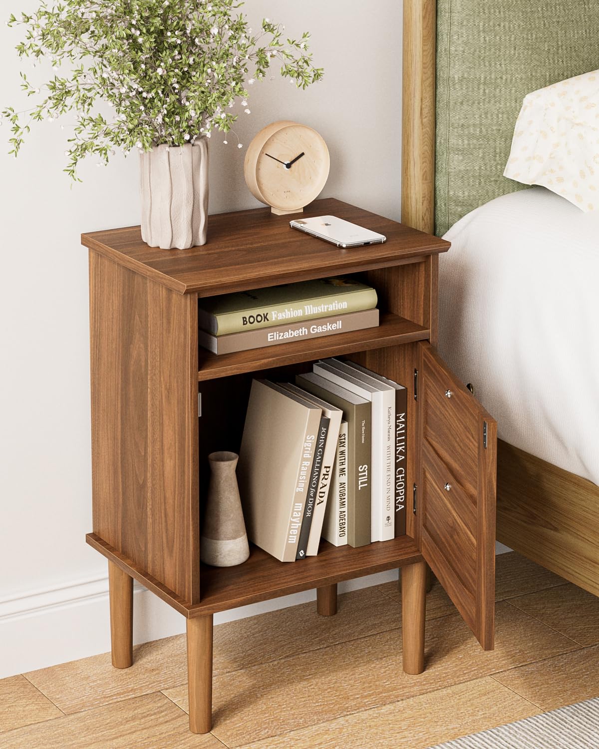 Apetaccat Nightstand, Boho Night Stand with 1 Drawer, Modern Side Accent Table with Open Shelf, Wooden Top Bedside End Table for Bedroom, Living Room, Walnut