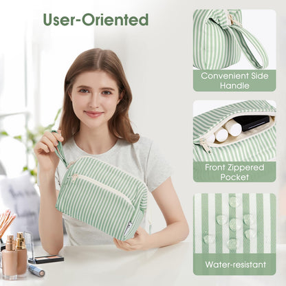 Narwey Large Makeup Bag Wide-Open Zipper Pouch Travel Wash Bag Toiletry Bag Cosmetic Organizer for Women (Mint Green Stripe)