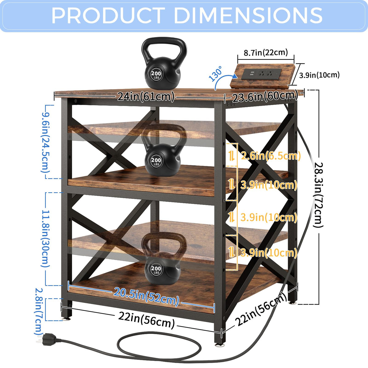 METYERRY Large Printer Stand with Power Outlet, with Height Adjustable Storage Shelf, 3 Tier Rolling Printer Cart with Industrial Wheels, 23.6 x 23.6 Inches Printer Table for Home Office, Rustic Brown