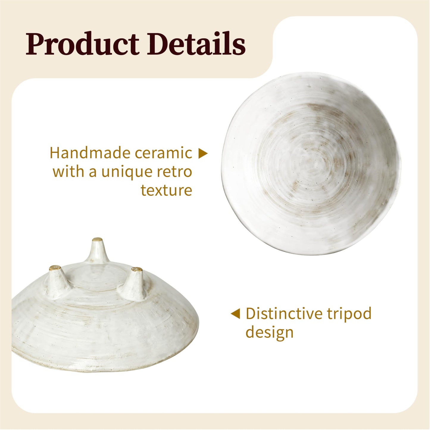 seicasaya Small Wabi-Sabi Ceramic Bowl, 6 Inch Handcrafted Tripod Design for Snacks, Sauces, Dips, Decorative Serving Bowl for Kitchen, Dining Table & Coffee Table (White)