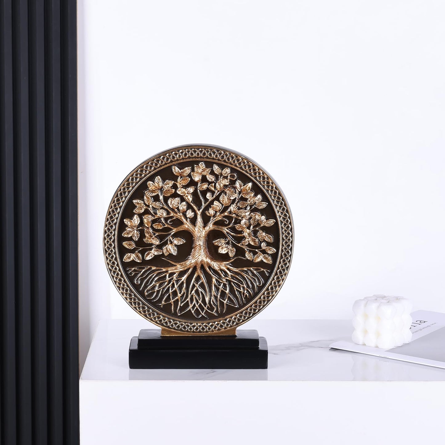 DOVDOV Abstract Circular Tree of Life Decorative Sculpture, Black and Gold Home Decor, Modern Art Home Accent Suitable for Office Shelves, Coffee Tables, and Above Cabinet Decorative Statue.