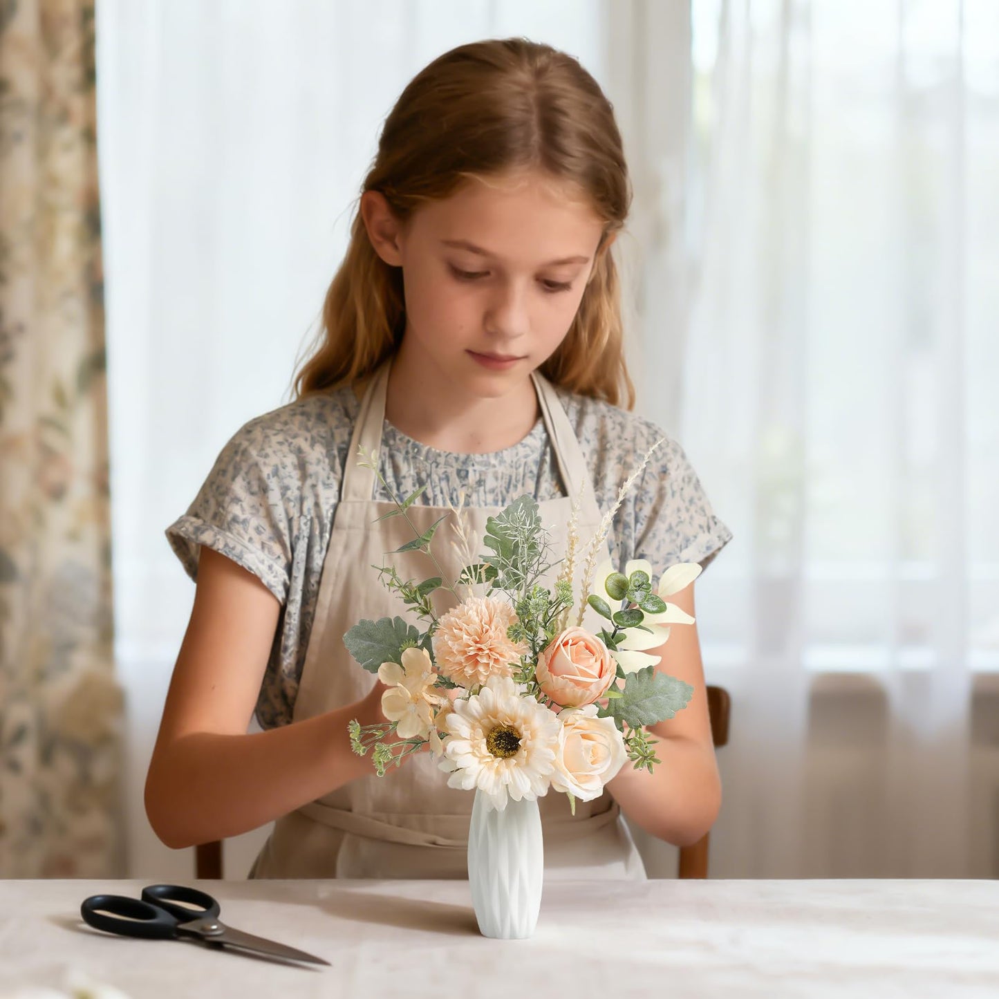 GAATEEK Small 11.8" Artificial Flowers in Ceramic Vase - Champagne Silk Flower Centerpiece for Dining Table, Office, Wedding & Farmhouse, Home Decor Gifts