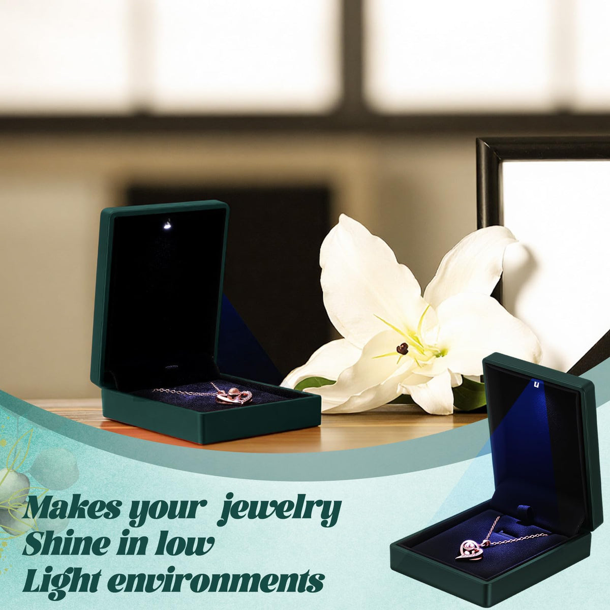 Landical 10 Pcs Pendant Necklace Box with LED Light Velvet Necklace Case for Pendant Bracelet Ring Earring, Jewelry Storage (Dark Green)