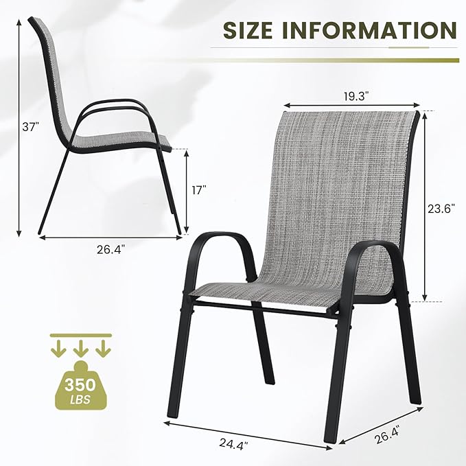 UDPATIO Patio Chairs Set of 4, Stackable Outdoor Dining Chairs with High Back, Breathable Textilene Fabric Outdoor Chair All Weather, 350LBS Capacity for Garden, Backyard (Light Grey)