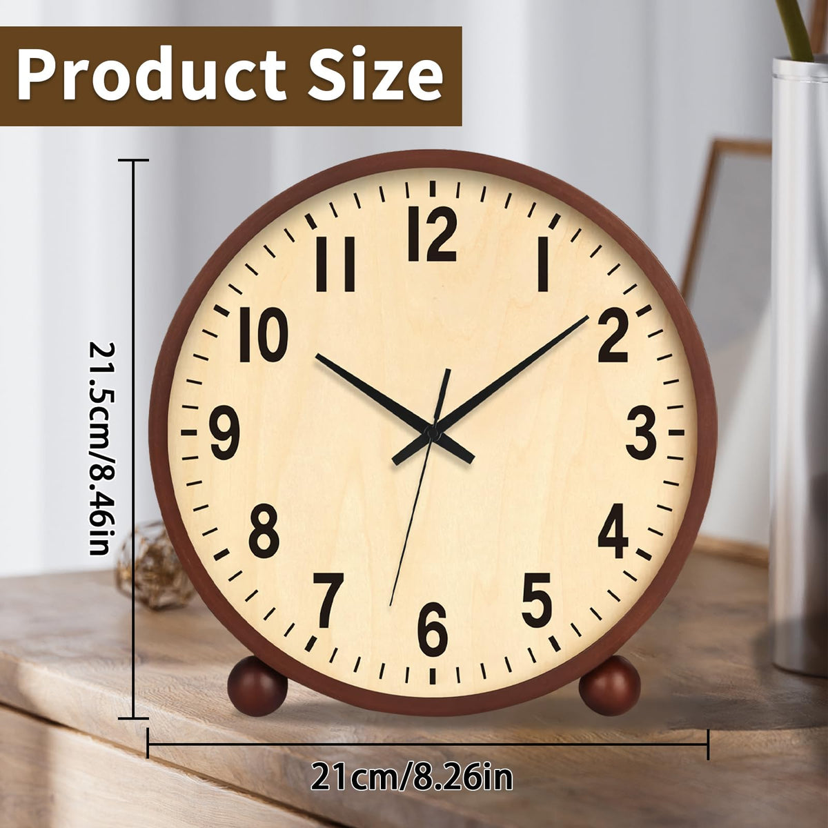 Maxspace Wooden Table Clock,8in Silent Non-Ticking Desk Clock,Battery Operated Desktop Analog Clock for Living Room Bedroom Kitchen Office Classroom Decor (Walnut)