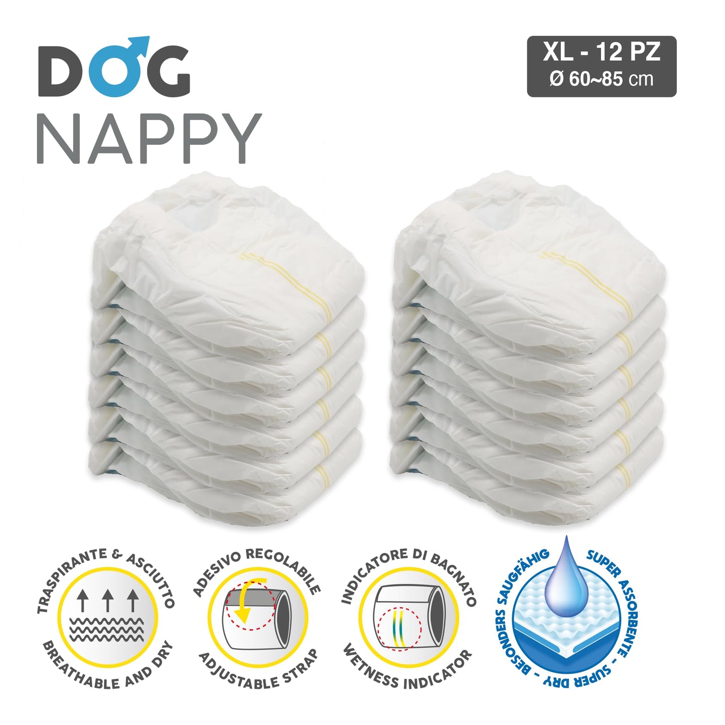 Croci Dog Nappy - Male Dog Diapers - Dog Underpants for Pee - Hygiene Wrap Diaper for Male Dogs, Anti-odour, Disposable, 12 Pieces, Size XL, 60-85 cm