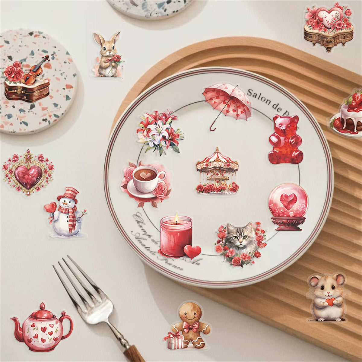 50pcs Transparent Love Stickers,Red Vintage Valentine Sticker Waterproof PET Stickers for Scrapbook Journaling Photo Album Collage Card Heart Romantic Sticker for Teens and Adults (red)