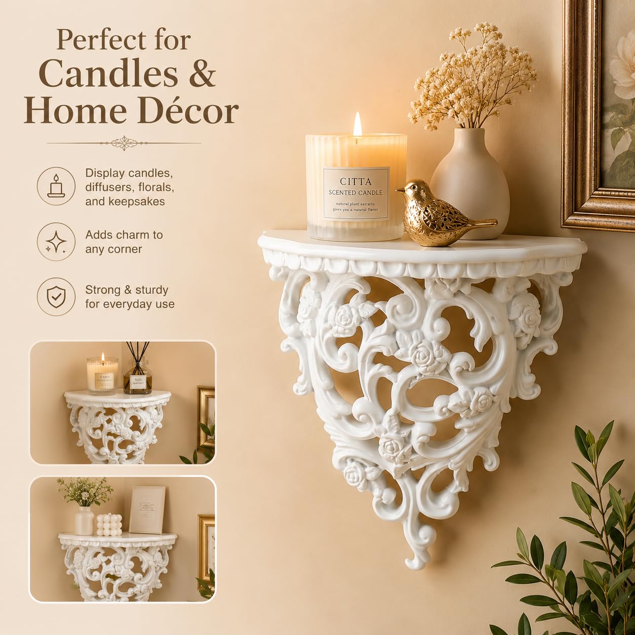Z metnal Small Victorian Decorative Floating Shelves, Wall Mounted Decor Shelves, Classic Wall Display Organizer, Retro Hollow Carving Art Ornament Rack, Baroque Style Decorative Stand, White, Resin