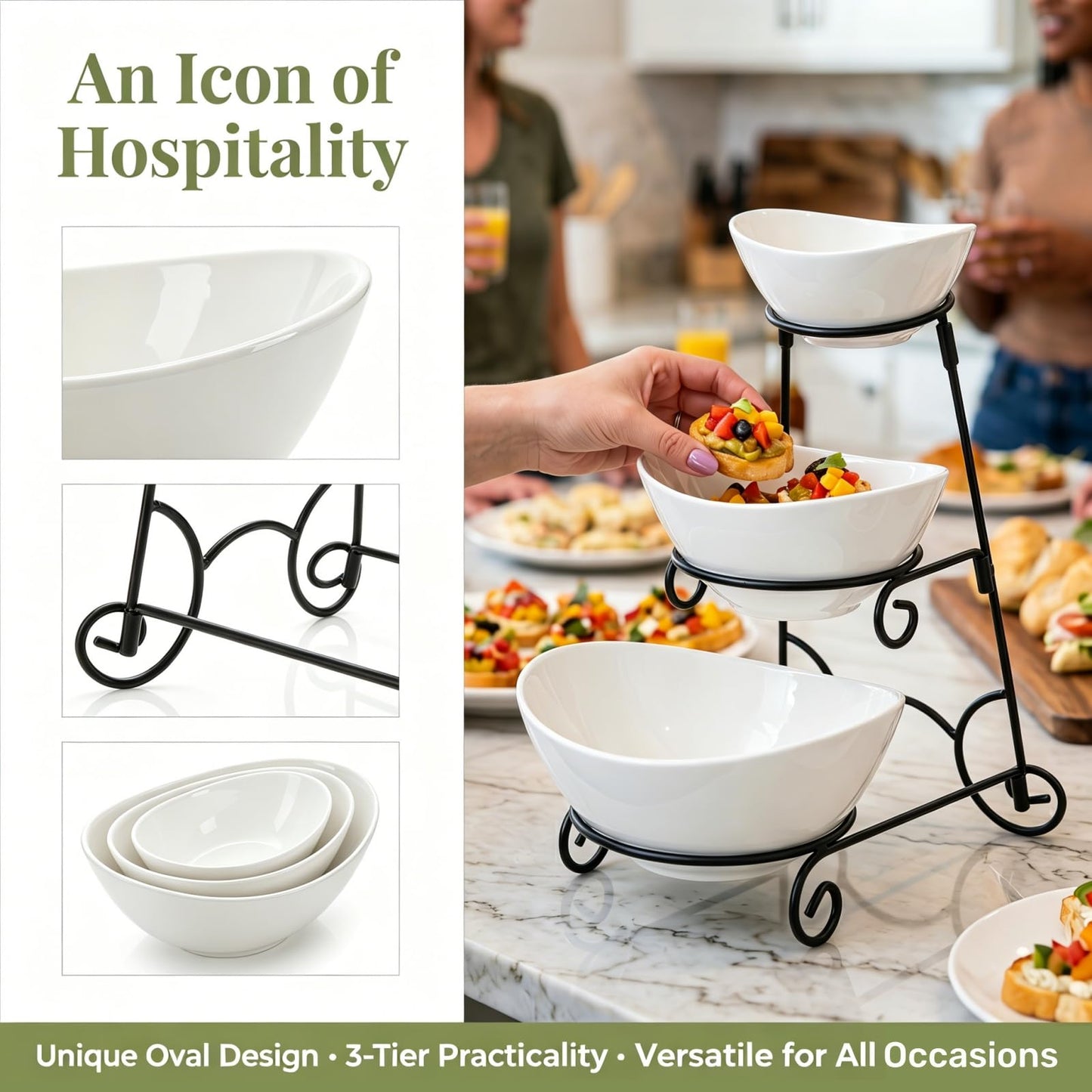 Covzoe Chip and Dip Serving Set, 3 Tiered Ceramic Serving Bowl Dishes with Collapsible Metal Rack, Appetizer Food Display Stand Platters for Fruit Dessert Party Entertaining