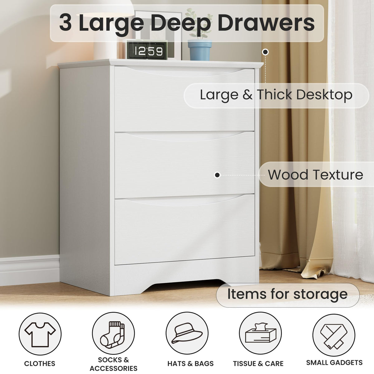 Garvee Wooden Dresser with 3 Drawers, Tall Modern Closet with Deep Storage, Large Chest of Drawers with Wide Top, Long Storage Dresser for Bedroom, Living Room, Hallway, Kids Room, White