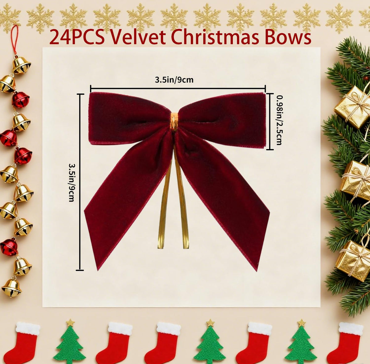 Doacpcr 24 Pcs Burgundy Small Velvet Bows for Valentines Day Decorations, 3.5 Inch Xmas Velvet Ribbon Bow Ornaments for Christmas Farmhouse Wreath Garland DIY Craft Gift Wrapping Decorative, 1" W