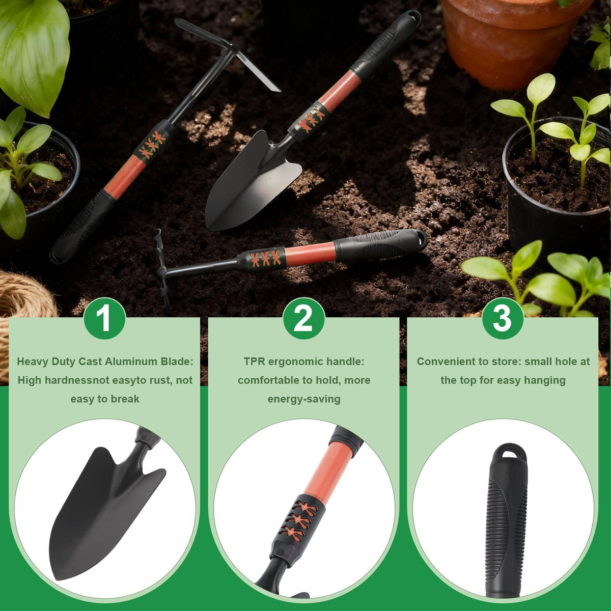 Zenrok Garden Tool Set, 4 Pack Gardening Tools, Stainless Steel Heavy Duty Hand Cultivator, Hoes, Shovel, for Planting Weeding Digging, Gardening Gifts for Women,Orange