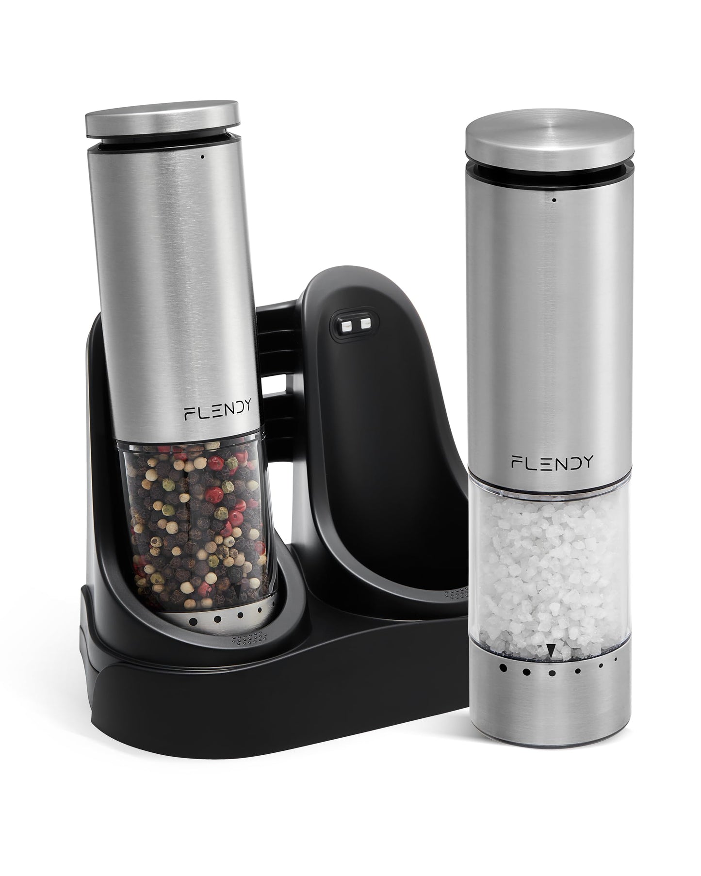 Flendy Electric Salt and Pepper Grinder Set Rechargeable, Automatic Salt and Pepper Grinder Set with Oversized Top Button, Stainless Steel Electric Salt and Pepper Shakers Set