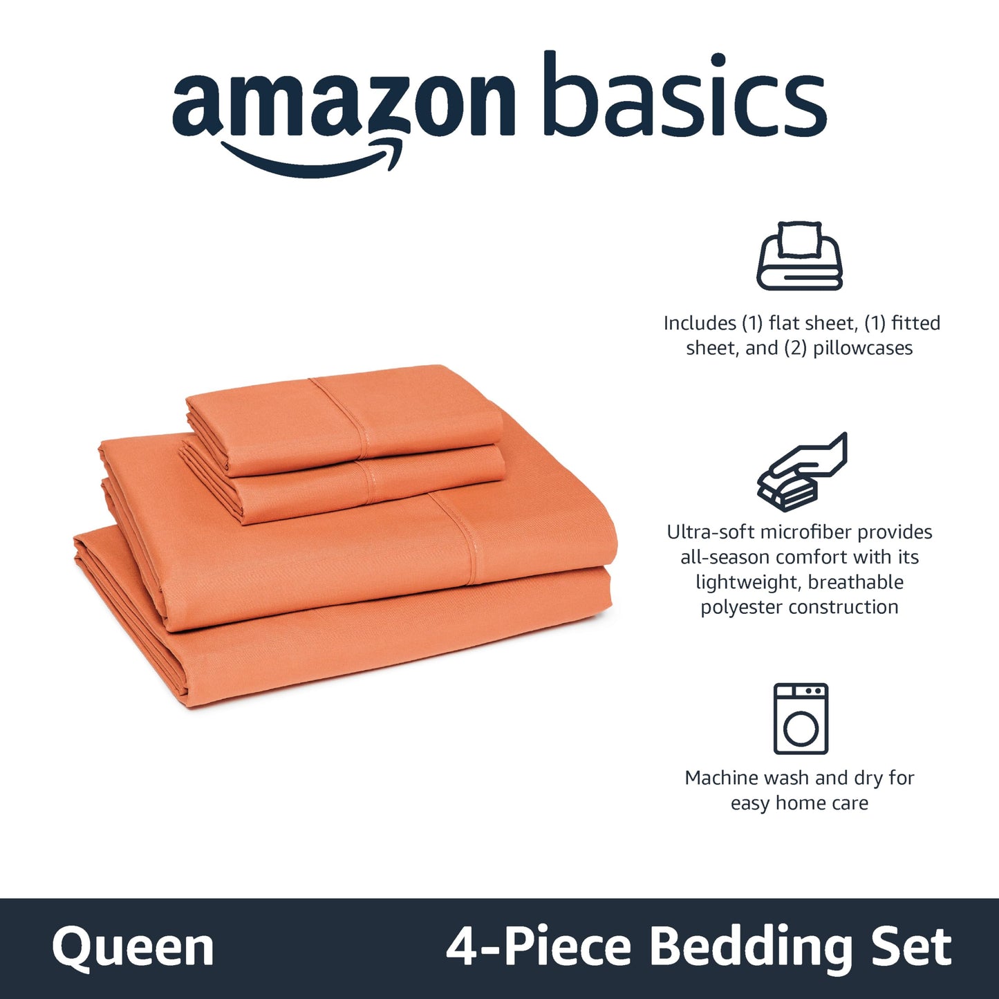 Amazon Basics Lightweight Breathable Microfiber 4-Piece Bed Sheet Set, Brick, Solid, Queen