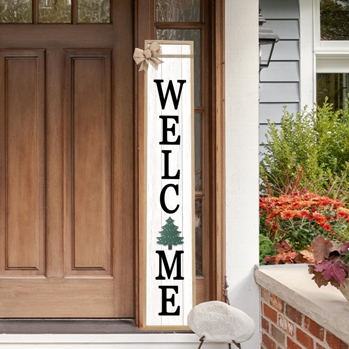 SRSZHIYUE Interchangeable Welcome Sign for Front Door Standing, 45"X9" with 12 Pcs Replaceable Icons Rustic Outdoor Tall Front Porch Farmhouse Outside Wreath Leaner Vertical Decor (Wood)