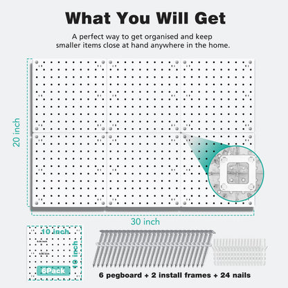 6Pcs Peg board, Pegboard Wall Organizer Panels, Wall Mount Display Small Pegboard Kits, Pegboard, Peg Boards for Wall Craft Room, for Kitchen, Garage, Workshop, Tool Accessories - White Pegboard