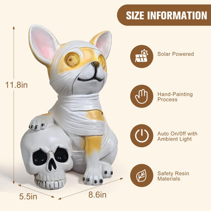 QOCNAM Halloween Decor Outdoor Solar Dog Statue Garden Decorations Holding Skeleton Statue Lights with 360° Spinning Glowing Eyes Ghost Garden Decor & Creative Gifts