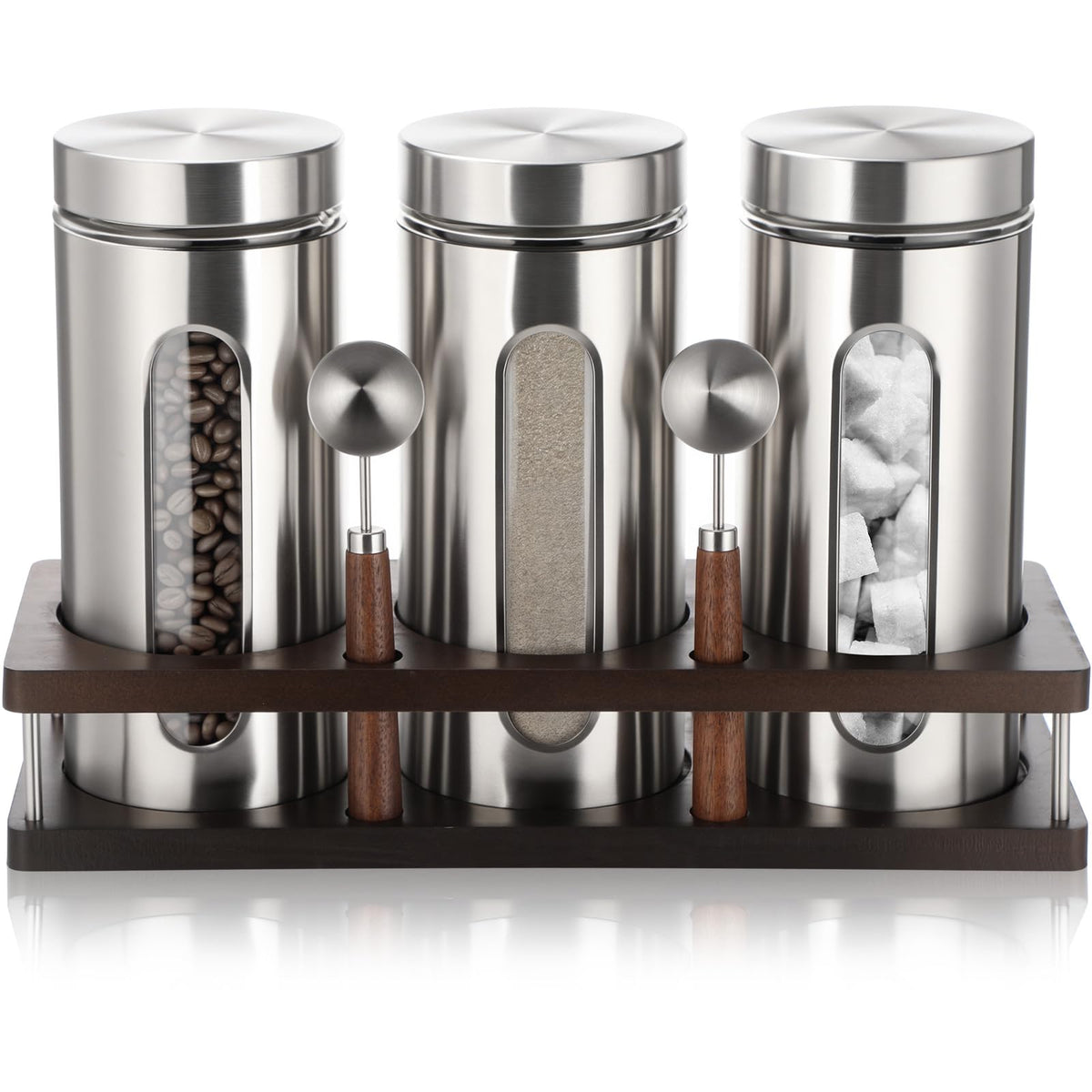 Suclain Stainless Steel Coffee Grounds Canisters with Shelf 3 x 50oz Sugar Coffee Bean Storage Container with Airtight Threaded Lid Glass Window Scoop Kitchen Jar Set for Bar Creamer Nut Tea