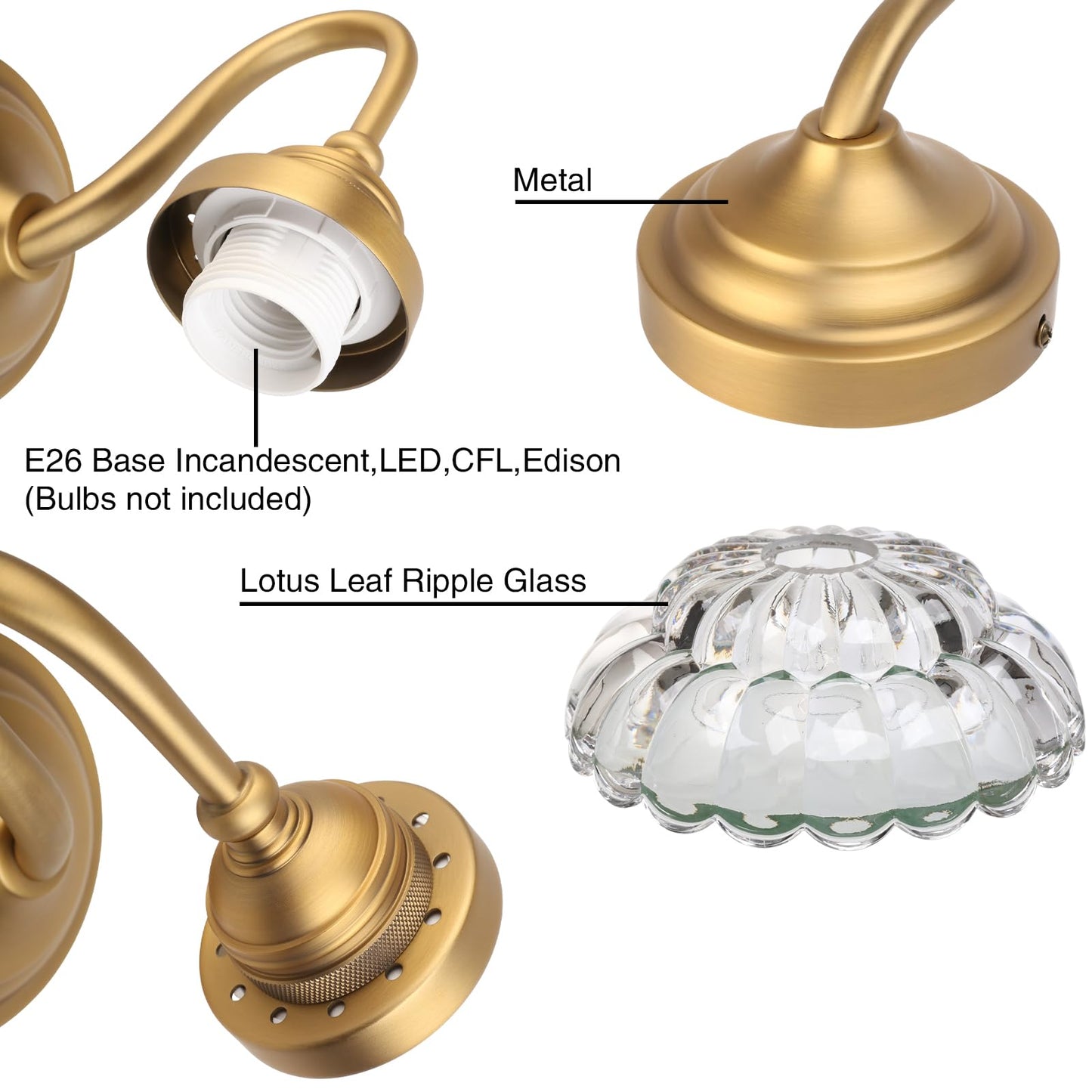 PERMO Vintage Gold Wall Sconce with Clrar Lotus Glass Shade Hardwired Bathroom Vanity Light for Mirror, Bedroom & Hallway