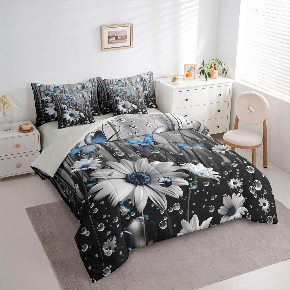 Erosebridal Butterfly 7 Piece Bedding Set Queen Daisy Comforter Set with Sheets Water Droplets Flower Stem Farmhouse Bed in a Bag Fog 3D Floral Blue Butterflies for Kids Boys Girls