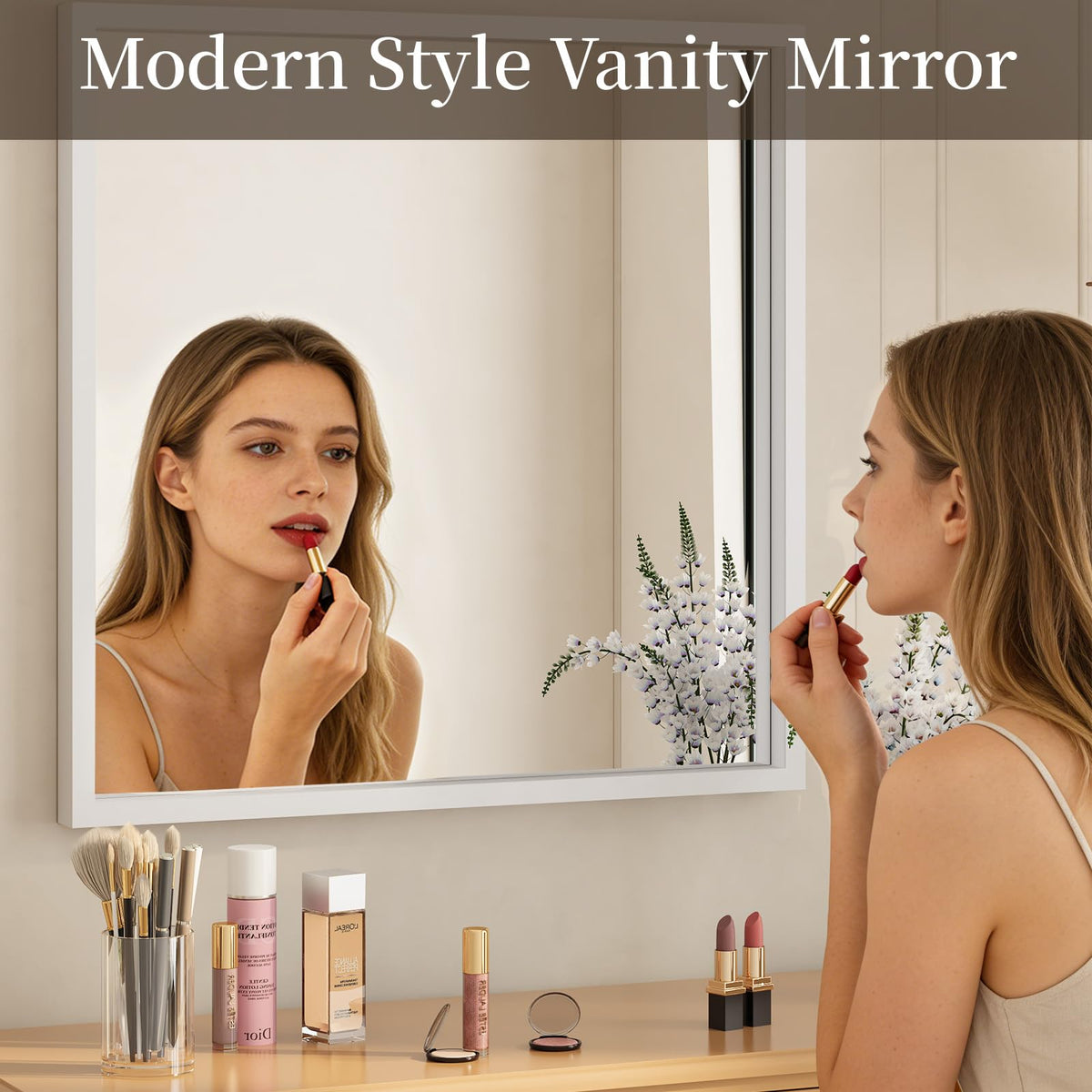 Syndra Square White Wood Frame Bathroom Mirror, 32''x32'' Modern Vanity Mirror for Wall, Waterproof Slim Deep Frame, HD Tempered Glass Mirror for Living Room, Bedroom, Entryway, Rustic, Farmhouse