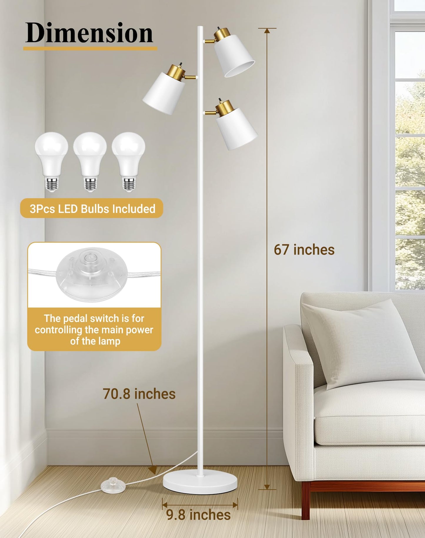 QiMH Tree Floor Lamps for Living Room, 67" Modern Standing Floor Lamp with 3 LED Bulb, Industrial Tall Lamp Reading Lighting for Bedroom Study Office Decor, 3 Rotatable Light Heads, White Gold