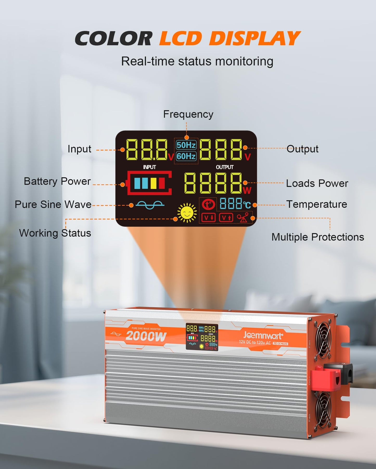 JOEMNWART 2000W Pure Sine Wave Power Inverter, 12V to 120V AC Converter, 4000W Peak Inverter for RV, Truck, Solar with Dual AC and 20A Outlet,4 Quick Charging USB Ports, Remote Controller