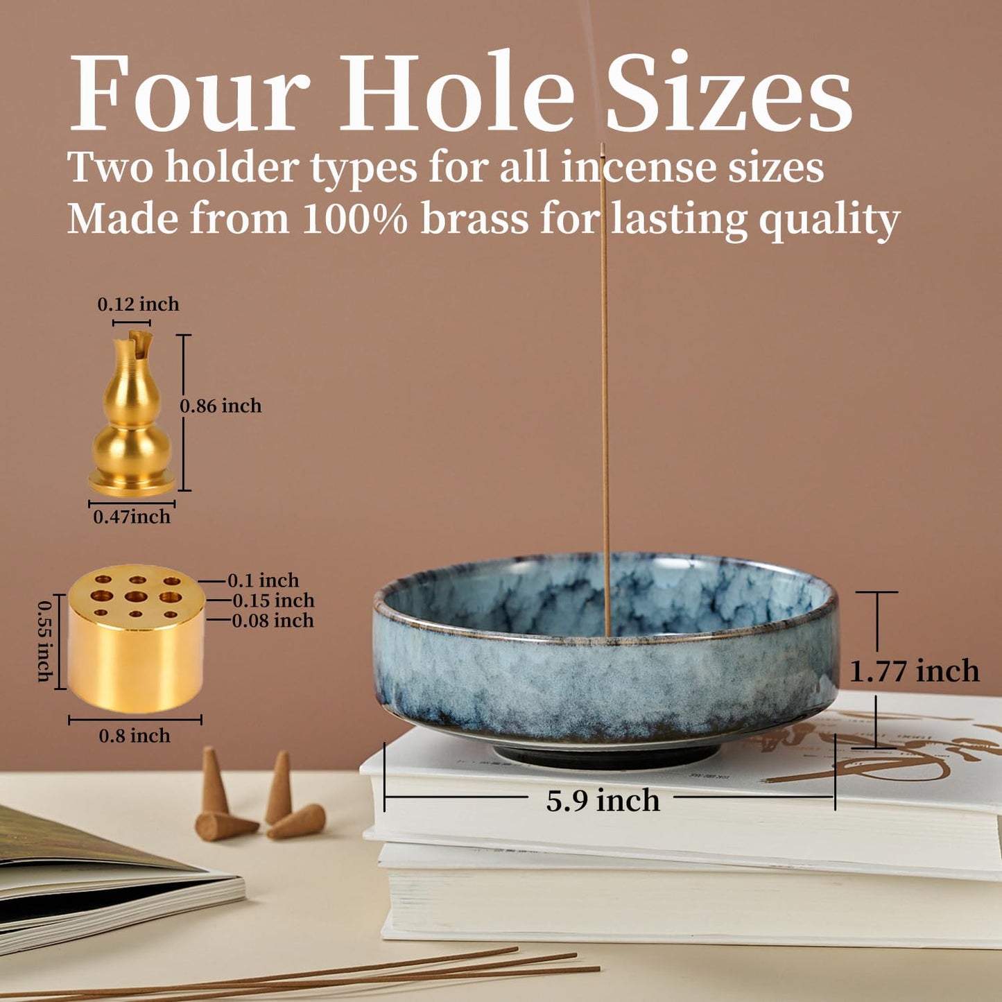 Fluvie 5.9" Ceramic Incense Holder with 10 Holes,5in1 Incense Tray for Sticks,Coil,Cone,Sage,Palo Santo,Handcrafted Burner Ash Catcher Smudge Bowl for Yoga Meditation Energy Cleansing Room Décor,Blue