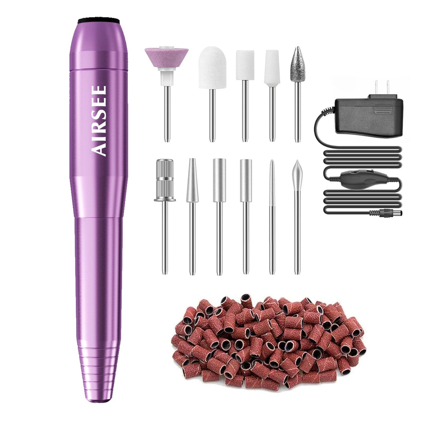 AIRSEE Home Lite USB Mobile Nail Drill Machine for Beginners Portable Nail File Manicure Pedicure Dremel Kit with 6 Bits 26 Sanding Bands for Home Acrylic Gel Nails Polishing DIY,Purple