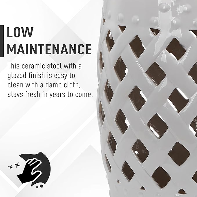 Outsunny 13" x 18" Ceramic Garden Stool with Woven Lattice Design & Glazed Strong Materials Decorative Outdoor Stool, White