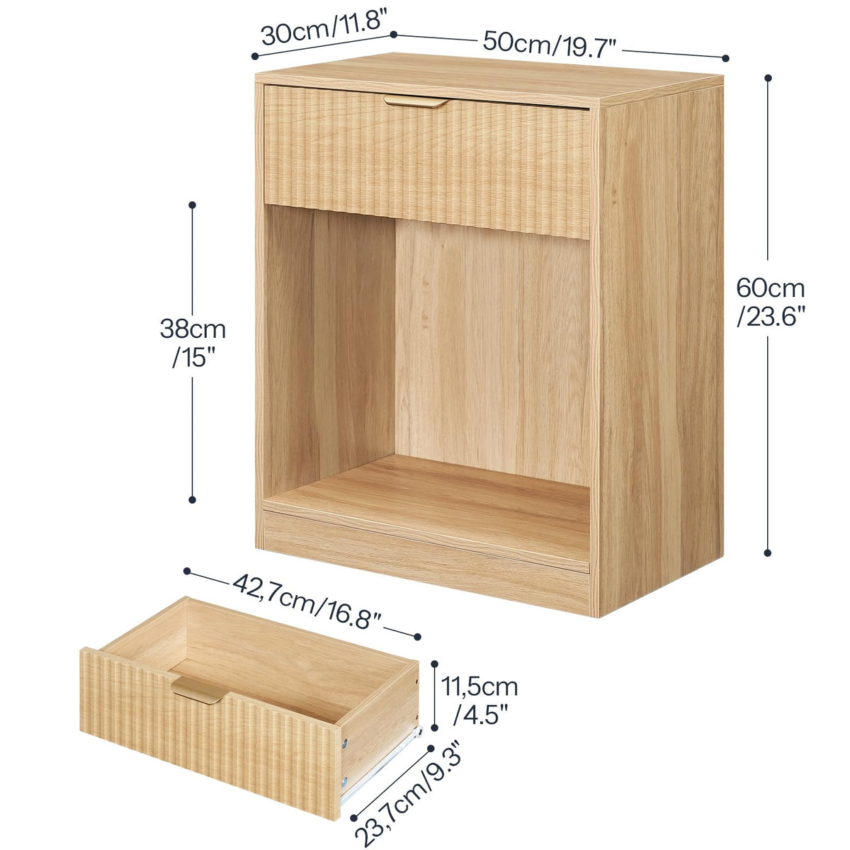 HOOBRO Fluted Nightstand, Modern Bedside Table with 1 Drawer and 1 Open Compartment, Wooden End Table with Metal Handle, for Bedroom and Office, Natural NL208BZ01